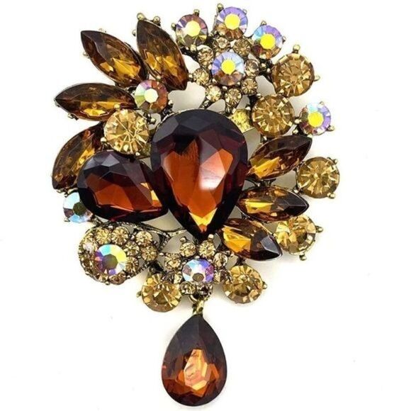Yellow Gold with Topaz and Iridescent Austrian Crystal Flower Teardrop Brooch - Picture 1 of 5
